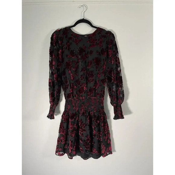 Parker Carmindy Floral Velvet Burnout Dress Black Red Women’s Size Small - Picture 2 of 8